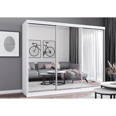 Easy4You MN Schuifdeurkast, 250 x 215 x 62 cm, met spiegel, slaapkamerkast, multifunctionele kast met 3 gordijnroedes en 3 laden, wit Easy4You MN Schuifdeurkast, 250 x 215 x 62 cm, met spiegel, slaapkamerkast, multifunctionele kast met 3 gordijnroedes en 3 laden, wit