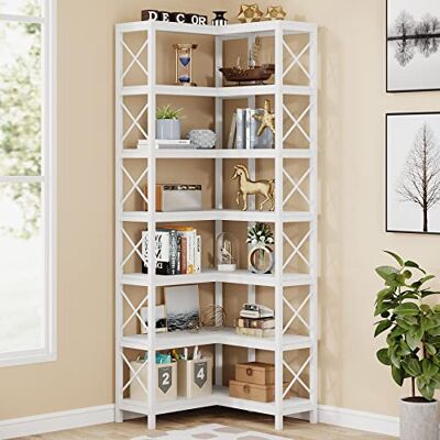 Tribesigns Hoekboekenkast met 7 planken, modern, groot, met opbergplanken met 7 niveaus, hoge standaard met metalen frame, voor woonkamer en kantoor (wit) Tribesigns Hoekboekenkast met 7 planken, modern, groot, met opbergplanken met 7 niveaus, hoge standaard met metalen frame, voor woonkamer en kantoor (wit)