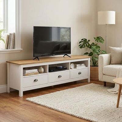 IDIMEX Campo L TV-kast 159 cm met 3 laden en 3 nissen van massief hout, kleur wit en bruin, landelijke stijl, geïntegreerde kabeldoorvoer, metalen handgrepen, voor tv's tot 70 inch IDIMEX Campo L TV-kast 159 cm met 3 laden en 3 nissen van massief hout, kleur wit en bruin, landelijke stijl, geïntegreerde kabeldoorvoer, metalen handgrepen, voor tv's tot 70 inch