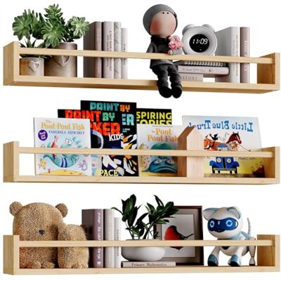 BAKAJI Set van 3 houten wandplanken, multifunctionele wandplanken en beschermstangen, rek voor slaapkamer, woonkamer, keuken, badkamer, ruimtebesparende boekenkast BAKAJI Set van 3 houten wandplanken, multifunctionele wandplanken en beschermstangen, rek voor slaapkamer, woonkamer, keuken, badkamer, ruimtebesparende boekenkast