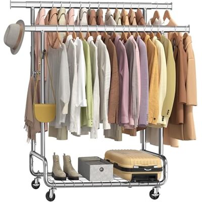 SONGMICS HSR015E01 Robuust kledingrek op wielen, 2 uittrekbare stangen, in hoogte verstelbaar, met plank, haken, zilver SONGMICS HSR015E01 Robuust kledingrek op wielen, 2 uittrekbare stangen, in hoogte verstelbaar, met plank, haken, zilver