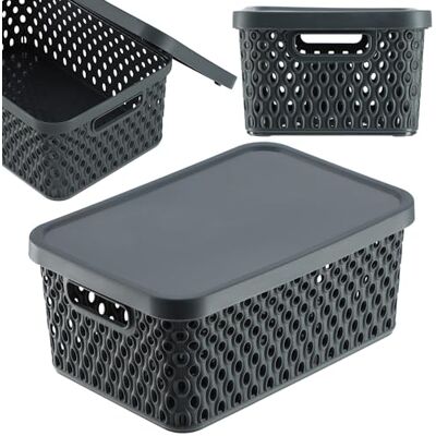 KADAX Opbergmand, mand met deksel, opbergdoos, kunststof opbergdoos, moderne plankmand, container met ventilatiegaten (4,5 l, grijs) KADAX Opbergmand, mand met deksel, opbergdoos, kunststof opbergdoos, moderne plankmand, container met ventilatiegaten (4,5 l, grijs)