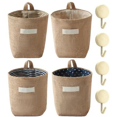 ZBHDEYG Set van 4 mini-linnen tassen, 4 haken, opbergtas om op te hangen aan de muur ZBHDEYG Set van 4 mini-linnen tassen, 4 haken, opbergtas om op te hangen aan de muur