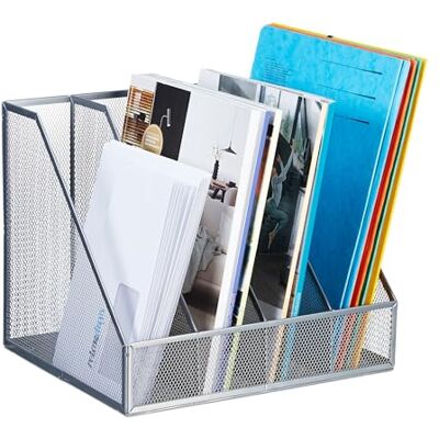 Relaxdays Tijdschriftenhouder A4 met 4 vakken van netstof, 26 x 31 x 26 cm, voor kantoor en thuiskantoor, metaal, zilver Relaxdays Tijdschriftenhouder A4 met 4 vakken van netstof, 26 x 31 x 26 cm, voor kantoor en thuiskantoor, metaal, zilver