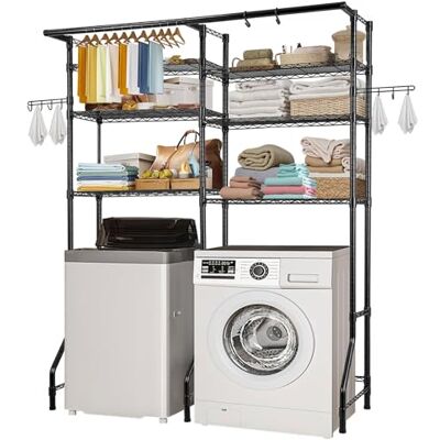 VEVOR Opbergrek voor wasmachine en droger met 6 niveaus, droogrek met stang en haken, verstelbare planken met twee rijen, ruimtebesparend, voor bijkeuken, badkamer, zwart VEVOR Opbergrek voor wasmachine en droger met 6 niveaus, droogrek met stang en haken, verstelbare planken met twee rijen, ruimtebesparend, voor bijkeuken, badkamer, zwart