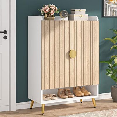 Tribesigns Schoenenkast met deuren, schoenenkast met 7 niveaus met verstelbare planken, houten schoenenrek voor entree, hal, kast, woonkamer, hout en goud Tribesigns Schoenenkast met deuren, schoenenkast met 7 niveaus met verstelbare planken, houten schoenenrek voor entree, hal, kast, woonkamer, hout en goud