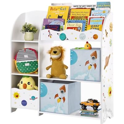 SONGMICS kinderkamerplank, speelgoed organizer, boekenkast voor kinderen, multifunctionele plank met 2 opbergboxen, stickers met ruimtemotieven, kinderkamer, slaapkamer, witte GKR42WT SONGMICS kinderkamerplank, speelgoed organizer, boekenkast voor kinderen, multifunctionele plank met 2 opbergboxen, stickers met ruimtemotieven, kinderkamer, slaapkamer, witte GKR42WT