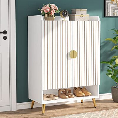 Tribesigns Schoenenrek met 2 deuren, 73 x 37 x 110 cm, schoenenrek voor 25 paar schoenenplanken, dun houten rek voor entree, hal, woonkamer, (goud en wit) Tribesigns Schoenenrek met 2 deuren, 73 x 37 x 110 cm, schoenenrek voor 25 paar schoenenplanken, dun houten rek voor entree, hal, woonkamer, (goud en wit)
