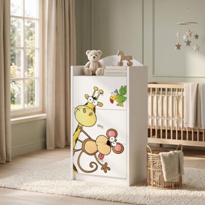 Happy Babies Kindercommode wit met 3 laden, ladekast met mooie print, waskast voor kinderkamer, babykamer, uniseks, nr. 5 Happy Babies Kindercommode wit met 3 laden, ladekast met mooie print, waskast voor kinderkamer, babykamer, uniseks, nr. 5
