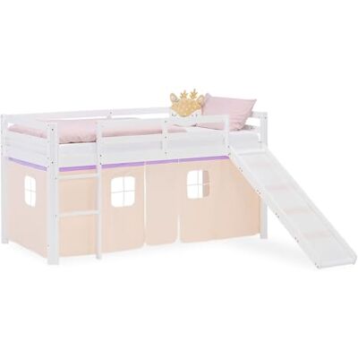 Homestyle4u Hoogslaper met glijbaan, 90 x 200 cm, wit, voor meisjes, massief grenen, met gordijn, paars en beige, ladder en valbescherming Homestyle4u Hoogslaper met glijbaan, 90 x 200 cm, wit, voor meisjes, massief grenen, met gordijn, paars en beige, ladder en valbescherming