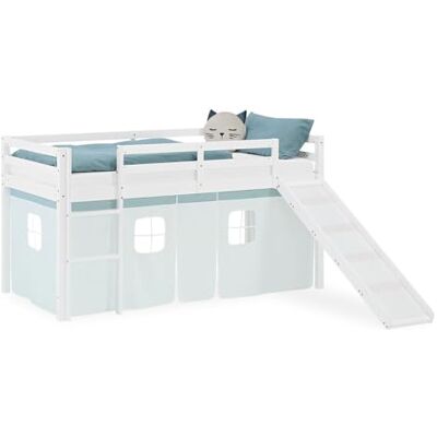 Homestyle4u Hoogslaper, 90 x 200 cm, grenenhout, met glijbaan, wit, mintgroen gordijn Artikel 2932 Homestyle4u Hoogslaper, 90 x 200 cm, grenenhout, met glijbaan, wit, mintgroen gordijn Artikel 2932