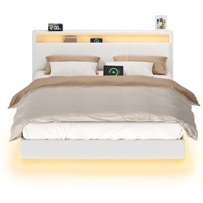 VASAGLE Bedframe, dubbel bedframe, 140 x 200 cm, zwevend visueel effect, bed met ledverlichting, hoog hoofdeinde, laadstation, modern, wolkenwit RMB864W01 VASAGLE Bedframe, dubbel bedframe, 140 x 200 cm, zwevend visueel effect, bed met ledverlichting, hoog hoofdeinde, laadstation, modern, wolkenwit RMB864W01