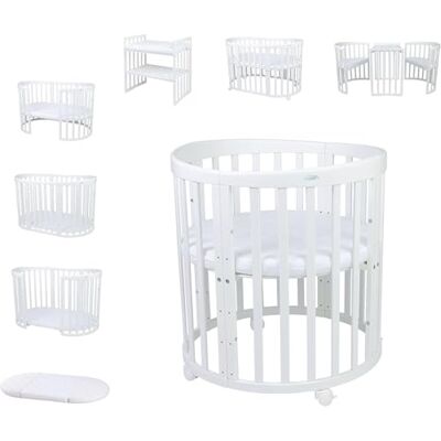 waldin Babybed, ovaal, 7-in-1, matras, wielen, plank, wit Zonder stoffen set, uitbreidbaar, bed, houten codo-bed, schommelfunctie optioneel waldin Babybed, ovaal, 7-in-1, matras, wielen, plank, wit Zonder stoffen set, uitbreidbaar, bed, houten codo-bed, schommelfunctie optioneel
