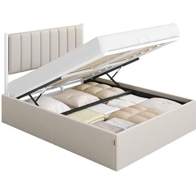 VASAGLE Bedframe, Bedframe, 140 x 200 cm, opklapbare lattenbodem, opslag onder het bed, hoofdeinde, hydraulisch systeem, modern, eenvoudige montage, cappuccino-beige RMB614LH01 VASAGLE Bedframe, Bedframe, 140 x 200 cm, opklapbare lattenbodem, opslag onder het bed, hoofdeinde, hydraulisch systeem, modern, eenvoudige montage, cappuccino-beige RMB614LH01