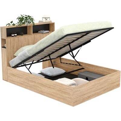 IDMarket Tweepersoonsbed Clyde met hoofdeinde + opbergruimte en lattenbodem 140 x 190 cm beuken en zwart IDMarket Tweepersoonsbed Clyde met hoofdeinde + opbergruimte en lattenbodem 140 x 190 cm beuken en zwart