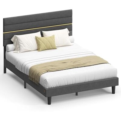 VASAGLE Tweepersoonsbed, bedframe, geschikt voor een matras van 140 x 200 cm, gewatteerd hoofdeinde, verstelbaar, van metaal, massief hout, modern, leigrijs RMB504G01 VASAGLE Tweepersoonsbed, bedframe, geschikt voor een matras van 140 x 200 cm, gewatteerd hoofdeinde, verstelbaar, van metaal, massief hout, modern, leigrijs RMB504G01