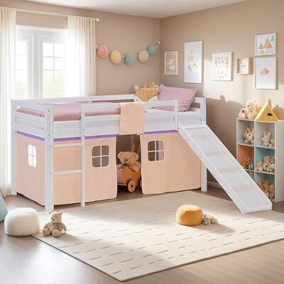 Homestyle4u Hoogslaper met glijbaan 90 x 200 cm speelbed wit Kinderbed van massief hout met lattenbodem en paars/beige gordijn ladder en valbescherming hout Homestyle4u Hoogslaper met glijbaan 90 x 200 cm speelbed wit Kinderbed van massief hout met lattenbodem en paars/beige gordijn ladder en valbescherming hout