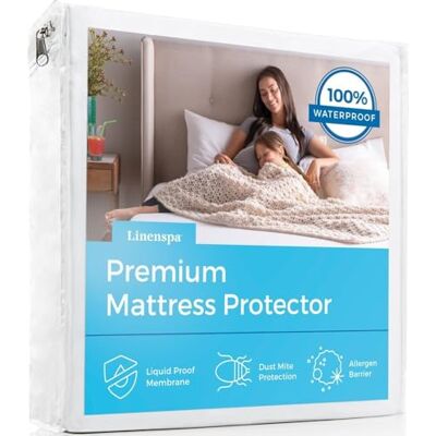 Linenspa Matrasbeschermer van gladde stof, 100% waterdicht, hypoallergeen, alleen oppervlaktebescherming, vinylvrij Linenspa Matrasbeschermer van gladde stof, 100% waterdicht, hypoallergeen, alleen oppervlaktebescherming, vinylvrij