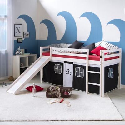 Homestyle4u 2540 Hoogslaper 90 x 200 cm, met glijbaan en lattenbodem, zwart gordijn voor kinderen, massief grenenhout Homestyle4u 2540 Hoogslaper 90 x 200 cm, met glijbaan en lattenbodem, zwart gordijn voor kinderen, massief grenenhout