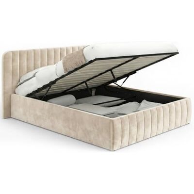 IDMarket Tweepersoonsbed Alba met hoofdeinde en lattenbodem 140x190 cm beige fluweel IDMarket Tweepersoonsbed Alba met hoofdeinde en lattenbodem 140x190 cm beige fluweel