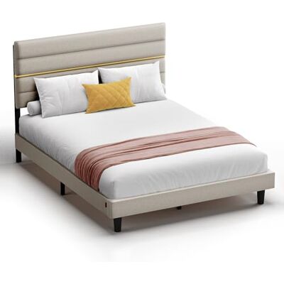 VASAGLE Tweepersoonsbed, bedframe, geschikt voor matras 160 x 200 cm, verstelbaar gevoerd hoofdbord, metaal, massief hout, modern, beige cappuccino RMB505LH01 VASAGLE Tweepersoonsbed, bedframe, geschikt voor matras 160 x 200 cm, verstelbaar gevoerd hoofdbord, metaal, massief hout, modern, beige cappuccino RMB505LH01