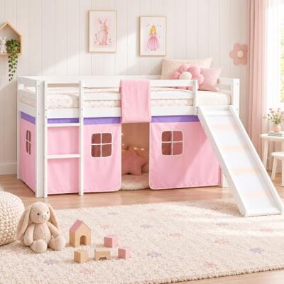 Homestyle4u Hoogslaper 90 x 200 cm met glijbaan, roze gordijn en Speelbed van grenenhout met ladder en afneembaar gordijn, flexibele glijbaan en ladder voor montage links of rechts Homestyle4u Hoogslaper 90 x 200 cm met glijbaan, roze gordijn en Speelbed van grenenhout met ladder en afneembaar gordijn, flexibele glijbaan en ladder voor montage links of rechts