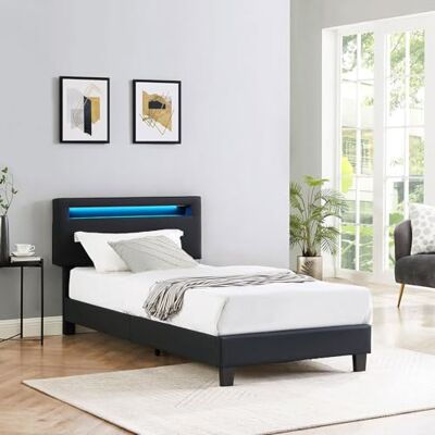 IDIMEX LED Eenpersoonsbed 90x190 cm met lattenbodem, in hoogte verstelbaar hoofdeinde, synthetisch, zwart, Evan IDIMEX LED Eenpersoonsbed 90x190 cm met lattenbodem, in hoogte verstelbaar hoofdeinde, synthetisch, zwart, Evan