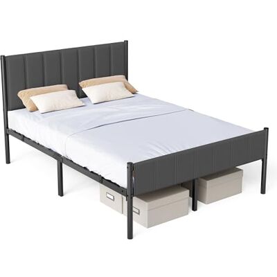 VASAGLE Tweepersoonsbedframe 140 x 200 cm met gevoerd hoofdeinde, bedframe, stalen latten, belastbaar tot 500 kg, eenvoudige montage, leigrijs RMB974GN01 VASAGLE Tweepersoonsbedframe 140 x 200 cm met gevoerd hoofdeinde, bedframe, stalen latten, belastbaar tot 500 kg, eenvoudige montage, leigrijs RMB974GN01