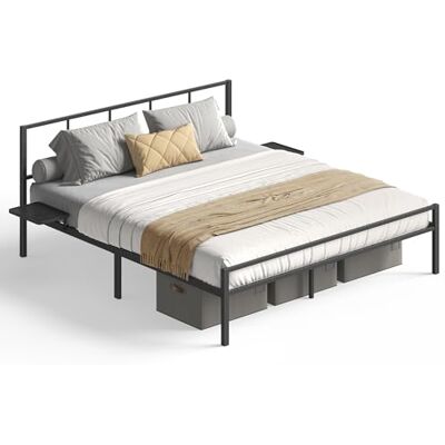 VASAGLE Bedframe 160 x 200 cm met metalen lattenbodem, metalen frame met opbergplanken, hoofdeinde, voor jongeren, eenvoudige montage, inktzwart RMB195BD01 VASAGLE Bedframe 160 x 200 cm met metalen lattenbodem, metalen frame met opbergplanken, hoofdeinde, voor jongeren, eenvoudige montage, inktzwart RMB195BD01