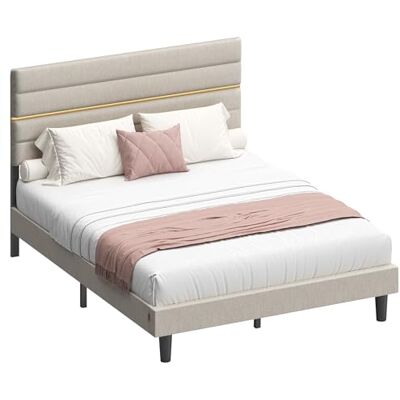 VASAGLE Gestoffeerd bed, tweepersoonsbed, bed, voor matrassen 140 x 200 cm, verstelbaar gestoffeerd hoofdeinde, bedframe, metaal, massief hout, modern, cappuccino-beige RMB504LH01 VASAGLE Gestoffeerd bed, tweepersoonsbed, bed, voor matrassen 140 x 200 cm, verstelbaar gestoffeerd hoofdeinde, bedframe, metaal, massief hout, modern, cappuccino-beige RMB504LH01