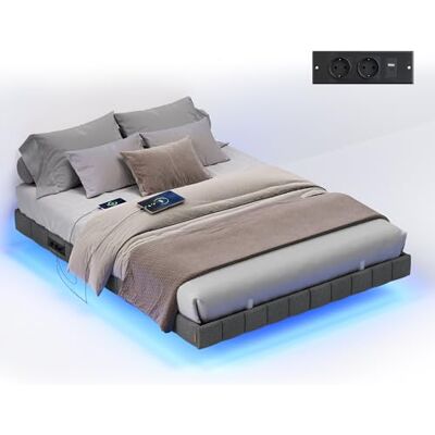 VASAGLE Bedframe 140 x 200 cm, zweefeffect, ledverlichting, gevoerde zijwanden, 2 AC-stopcontacten, 2 USB-A-poorten, 1 USB-C-poort, belastbaar tot 500 kg, leigrijs RMB164G101 VASAGLE Bedframe 140 x 200 cm, zweefeffect, ledverlichting, gevoerde zijwanden, 2 AC-stopcontacten, 2 USB-A-poorten, 1 USB-C-poort, belastbaar tot 500 kg, leigrijs RMB164G101