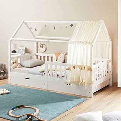 IDIMEX Nuna Huisbed van massief grenenhout, Montessori-bed 90 x 200 cm, met valbescherming, speelbed met laden, modern kinderbed met dak in wit IDIMEX Nuna Huisbed van massief grenenhout, Montessori-bed 90 x 200 cm, met valbescherming, speelbed met laden, modern kinderbed met dak in wit