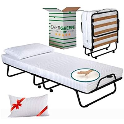 EvergreenWeb Vouwbed met Memory Foam Matras 12 cm hoog, Eenpersoons houten Lattenbodem 90 x 200, met Gratis Kussen Ruimtebesparend Bed met Wielen EvergreenWeb Vouwbed met Memory Foam Matras 12 cm hoog, Eenpersoons houten Lattenbodem 90 x 200, met Gratis Kussen Ruimtebesparend Bed met Wielen