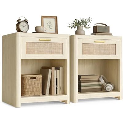 VASAGLE ELLAN Collection LET818LC01 Set van 2 nachtkastjes in boho-stijl met lade in rotanlook, open vak, afgeronde hoeken, voor slaapkamer naast het bed, natuurbeige LET818LC01 VASAGLE ELLAN Collection LET818LC01 Set van 2 nachtkastjes in boho-stijl met lade in rotanlook, open vak, afgeronde hoeken, voor slaapkamer naast het bed, natuurbeige LET818LC01