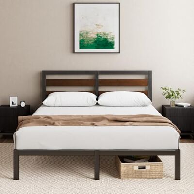 Zinus Kai Bedframe 140 x 200 cm met bamboe hoofdeinde, metalen bed 140 x 200 cm met metalen lattenbodem, 25,4 cm hoog platform met vrije ruimte eronder, zonder bed Zinus Kai Bedframe 140 x 200 cm met bamboe hoofdeinde, metalen bed 140 x 200 cm met metalen lattenbodem, 25,4 cm hoog platform met vrije ruimte eronder, zonder bed