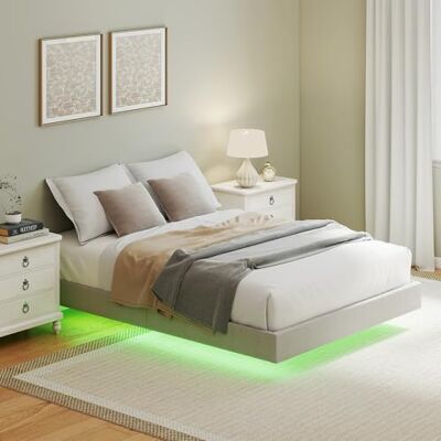 HOMCOM Zwevend bedframe 140 x 190 cm met ledverlichting van linnen, beige HOMCOM Zwevend bedframe 140 x 190 cm met ledverlichting van linnen, beige