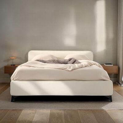 IDIMEX LAVORO Gestoffeerd bed, eenpersoonsbed, 140 x 200 cm, crèmewit, met lattenbodem en fluwelen bekleding, bedframe met gevoerd hoofdeinde, modern design, robuust houten frame en IDIMEX LAVORO Gestoffeerd bed, eenpersoonsbed, 140 x 200 cm, crèmewit, met lattenbodem en fluwelen bekleding, bedframe met gevoerd hoofdeinde, modern design, robuust houten frame en