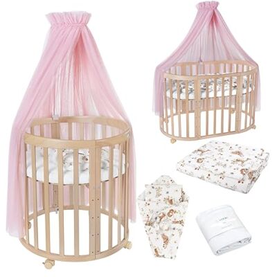waldin Babybed, ovaal, 7-in-1, matras, wielen, plank, natuur Roze dieren, uitbreidbaar, bed, houten co-slaapbed, schommelfunctie optioneel waldin Babybed, ovaal, 7-in-1, matras, wielen, plank, natuur Roze dieren, uitbreidbaar, bed, houten co-slaapbed, schommelfunctie optioneel