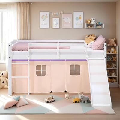 Homestyle4u Hoogslaper met glijbaan, lattenbodem, 90 x 200 cm, wit, grenenhout, met beige en paars gordijn, artikel 2956 Homestyle4u Hoogslaper met glijbaan, lattenbodem, 90 x 200 cm, wit, grenenhout, met beige en paars gordijn, artikel 2956