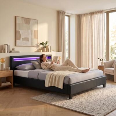 IDIMEX Tweepersoonsbed voor volwassenen, Pinot, slaapplaats, 140 x 190 cm, met lattenbodem, 2-zits voor 2 personen, hoofdeinde met geïntegreerde leds, bekleding van kunststof, zwart IDIMEX Tweepersoonsbed voor volwassenen, Pinot, slaapplaats, 140 x 190 cm, met lattenbodem, 2-zits voor 2 personen, hoofdeinde met geïntegreerde leds, bekleding van kunststof, zwart