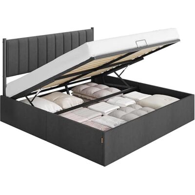 VASAGLE Boxbed, 180 x 200 cm, bedframe, 2 personen, opklapbare lattenbodem, met opbergruimte, hydraulisch systeem, modern en minimalistisch, eenvoudige montage, leigrijs RMB618GN01 VASAGLE Boxbed, 180 x 200 cm, bedframe, 2 personen, opklapbare lattenbodem, met opbergruimte, hydraulisch systeem, modern en minimalistisch, eenvoudige montage, leigrijs RMB618GN01