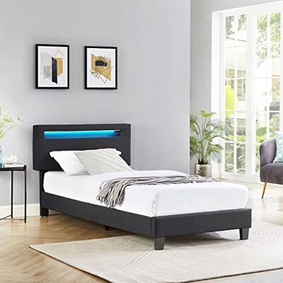 IDIMEX Austin Led-eenpersoonsbed, 90 x 190 cm, met lattenbodem, in hoogte verstelbaar, van stof, zwart, Austin IDIMEX Austin Led-eenpersoonsbed, 90 x 190 cm, met lattenbodem, in hoogte verstelbaar, van stof, zwart, Austin