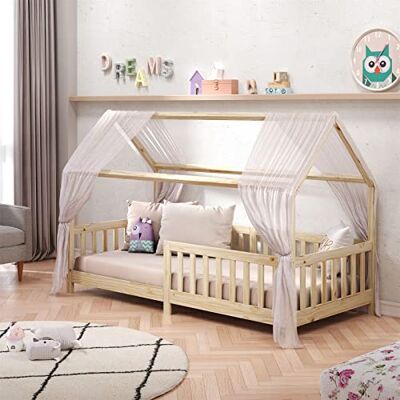 IDIMEX Nina Huisbed van massief grenen, mooi Montessori-bed van 90 x 200, minimalistisch kinderbed met natuurlijk dak IDIMEX Nina Huisbed van massief grenen, mooi Montessori-bed van 90 x 200, minimalistisch kinderbed met natuurlijk dak