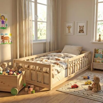Weber Nino bed 90 x 190 cm + 1 lattenbodem + barrière/naturel Weber Nino bed 90 x 190 cm + 1 lattenbodem + barrière/naturel