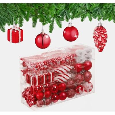 Relaxdays 72 stuks glinsterende kerstballen, mat en glanzend, laarzen, hart en kegels, kunststof, rood Relaxdays 72 stuks glinsterende kerstballen, mat en glanzend, laarzen, hart en kegels, kunststof, rood