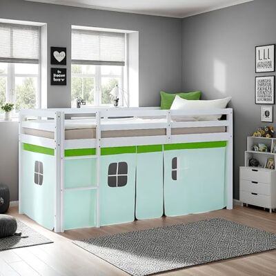 Homestyle4u Hoogslaper 90 x 200 cm, groen, beschermend gordijn, ladder van massief grenenhout, hoogslaper voor kinderen Homestyle4u Hoogslaper 90 x 200 cm, groen, beschermend gordijn, ladder van massief grenenhout, hoogslaper voor kinderen