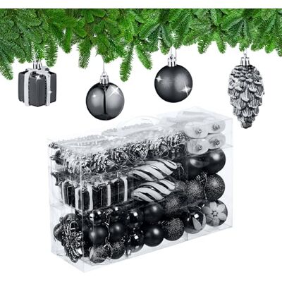 Relaxdays Kerstballen, 72 stuks, glinsterend, mat, glanzend, laarzen, hart, kegel, kunststof, zwart Relaxdays Kerstballen, 72 stuks, glinsterend, mat, glanzend, laarzen, hart, kegel, kunststof, zwart
