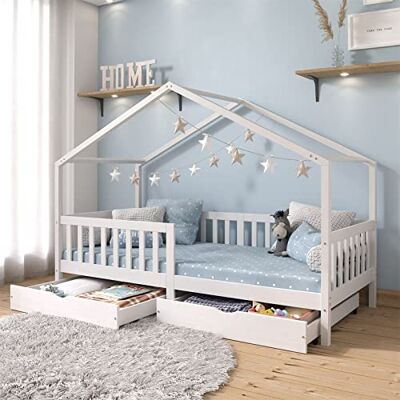 IDIMEX Elea Huisbed van massief grenen, kinderbed met valbescherming 90 x 200 cm, speelbed met wit dak IDIMEX Elea Huisbed van massief grenen, kinderbed met valbescherming 90 x 200 cm, speelbed met wit dak
