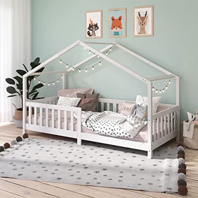 IDIMEX Huisbed Lisan massief grenen wit, mooi Montessori-bed 90 x 200 cm, stabiel Indiaas bed met valbescherming en dak IDIMEX Huisbed Lisan massief grenen wit, mooi Montessori-bed 90 x 200 cm, stabiel Indiaas bed met valbescherming en dak