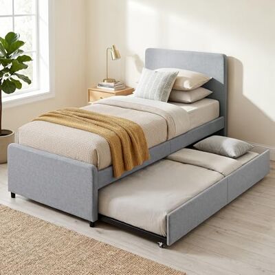 HOMCOM Uitschuifbed, 90 x 190 cm, eenpersoonsbed/tweepersoonsbed, houten lattenbodem, lichtgrijs HOMCOM Uitschuifbed, 90 x 190 cm, eenpersoonsbed/tweepersoonsbed, houten lattenbodem, lichtgrijs